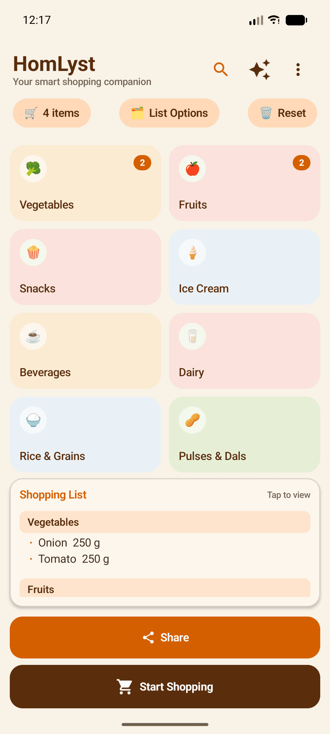 HomLyst home screen with shopping categories and an active list