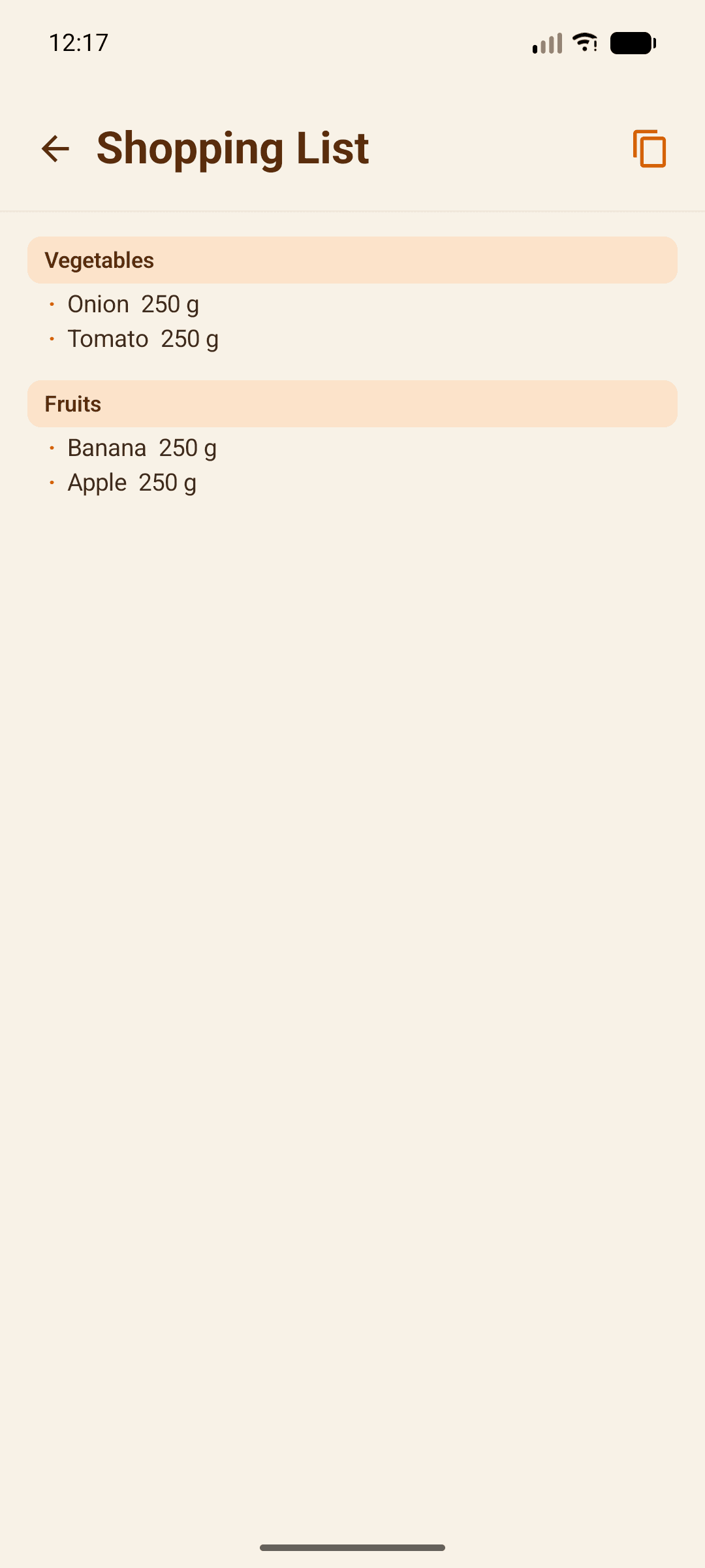 HomLyst shopping list preview with items grouped by category