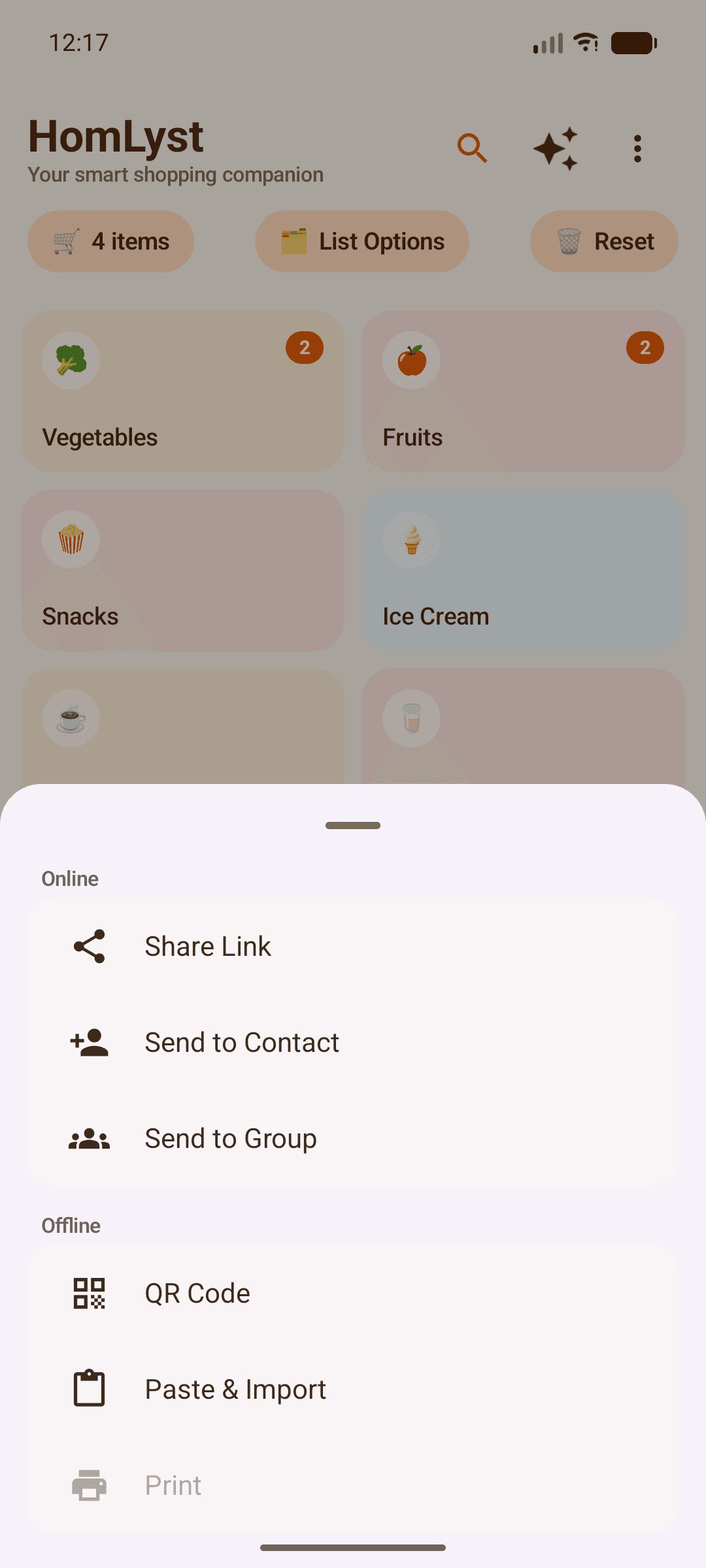 HomLyst share sheet with options for QR code, contact sharing, and more