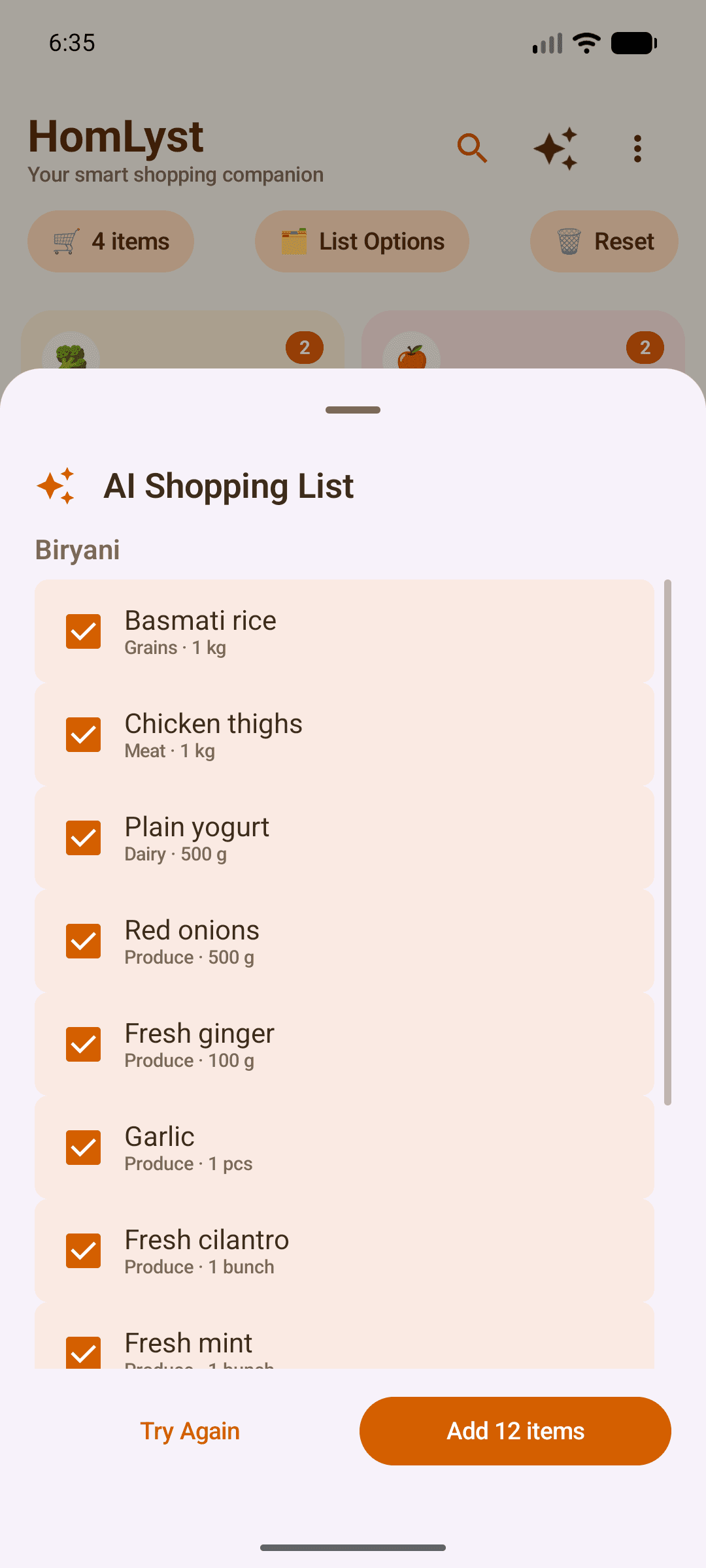 HomLyst AI shopping assistant generating a list