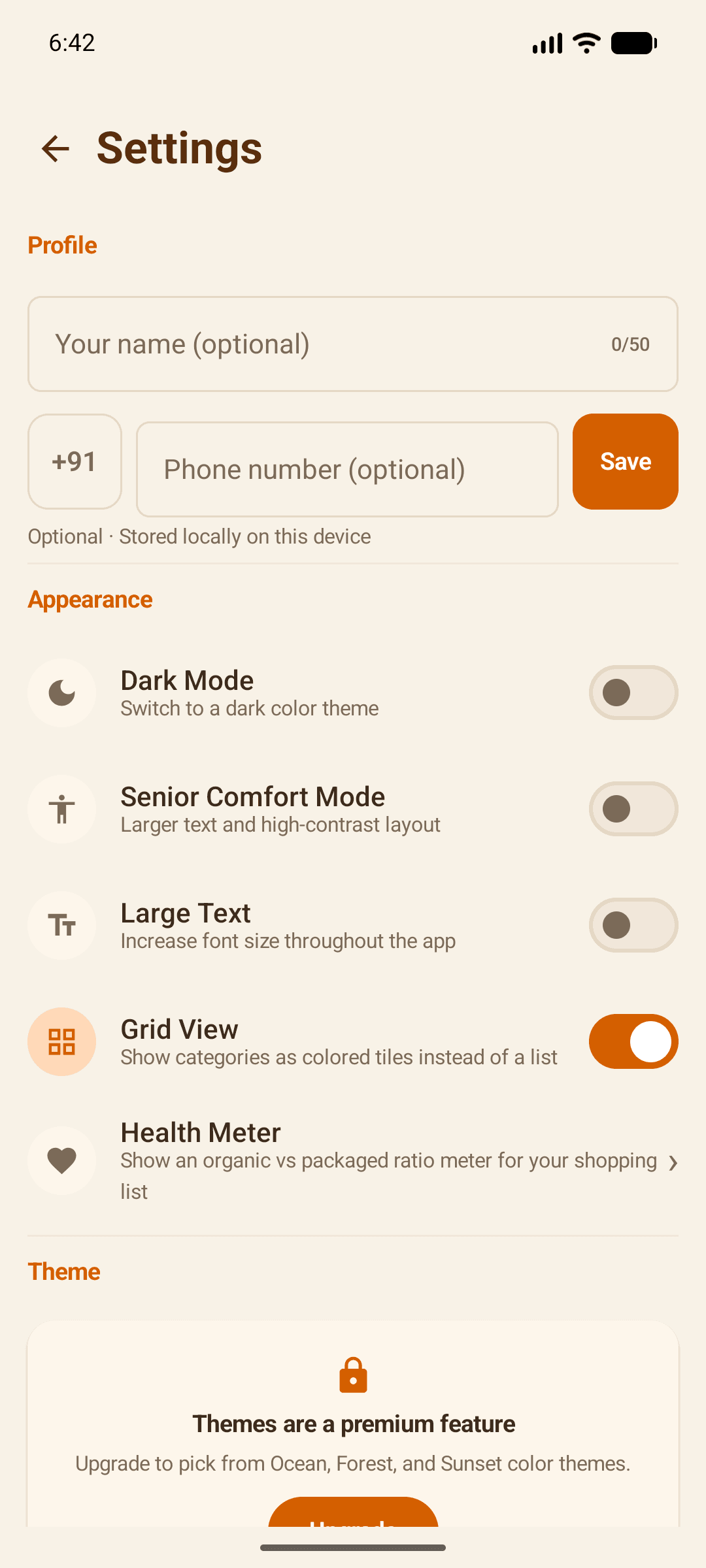 HomLyst settings screen with appearance and accessibility options